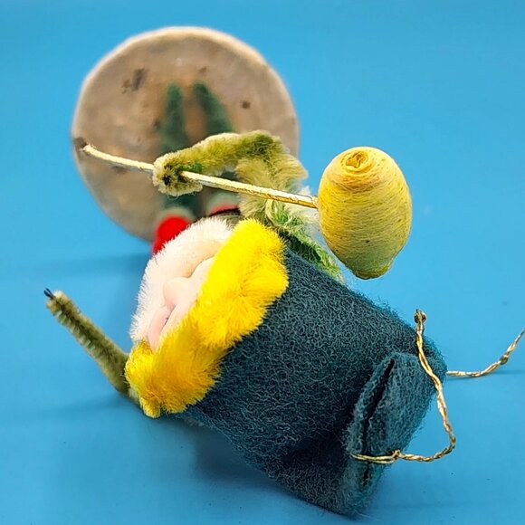 Vintage 1950s Putz Elf w/ Hammer Ornament Spun Cotton Chenille Celluloid Face - Picture 6 of 8